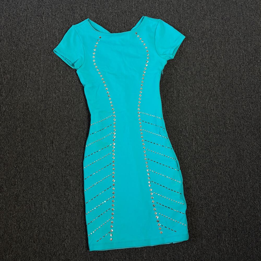 Vintage Y2k Bebe Usa Teal Studded Mcbling Bodycon Blue Mini Dress Women's Xs